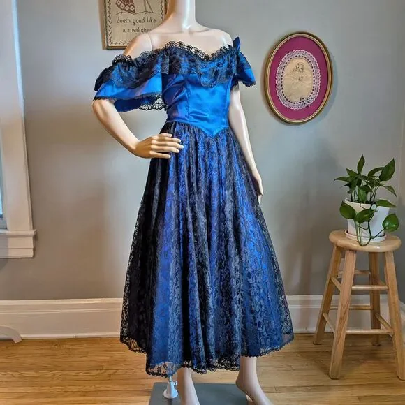 Vintage 80s Gunne Sax Ball Gown Southern Belle Maxi Dress Blue Satin Lace Size 5 - Picture 2 of 14
